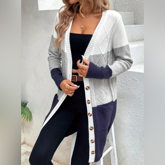 New Cozy Longline Cardigan Chunky Knit Colorblock Long Sleeves White Gray Navy - Picture 7 of 16